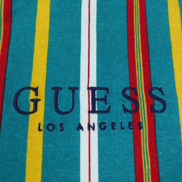 VTG Guess Shirt Mens L Blue Red Yellow Colorblock Stripe Los Angeles Rap 90s Y2K - Picture 3 of 9